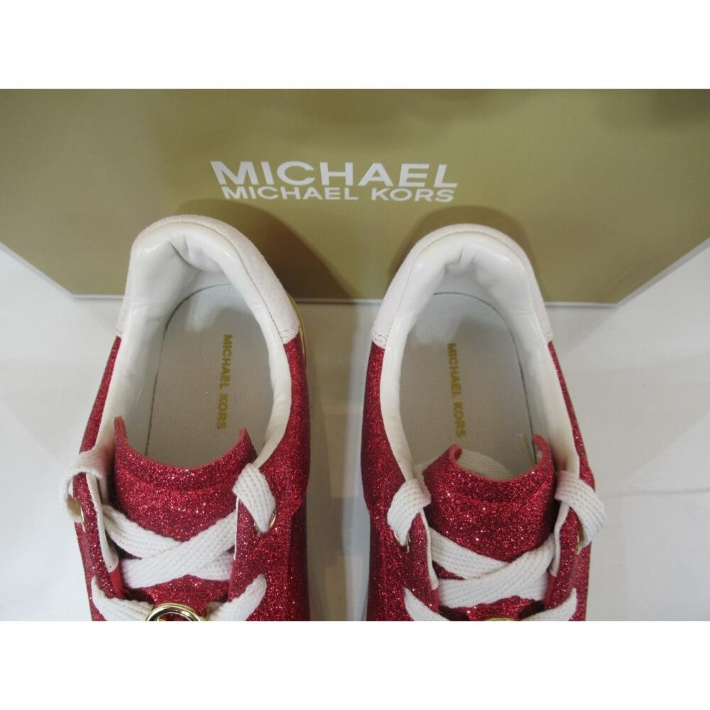 Michael Kors Size 8.5 Dottie Lace Up Platform Sneakers Glitter Leather Red - Picture 6 of 8